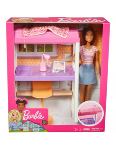 Barbie Sypialnia – zestaw 2w1 z lalką brunetką, łóżkiem z biurkiem, krzesłem i lampką