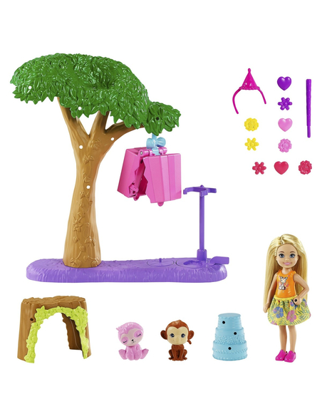 Barbie Chelsea Urodziny z niespodzianką – zestaw do zabawy z lalką, piniatą, tortem i zwierzątkami, 3+