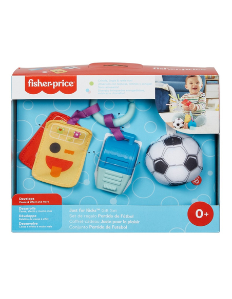 Fisher-Price Piłkarski Zestaw Maluszka – 3 zabawki dla niemowląt: piłeczka z dzwoneczkiem, kartki i gryzak-gwizdek, 0m+