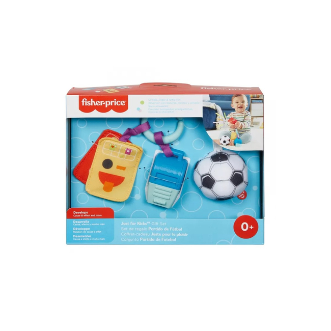 Fisher-Price Piłkarski Zestaw Maluszka – 3 zabawki dla niemowląt: piłeczka z dzwoneczkiem, kartki i gryzak-gwizdek, 0m+