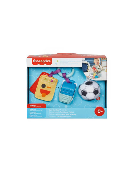 Fisher-Price Piłkarski Zestaw Maluszka – 3 zabawki dla niemowląt: piłeczka z dzwoneczkiem, kartki i gryzak-gwizdek, 0m+