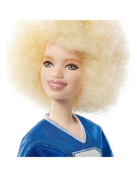 Barbie Fashionistas Lalka 91 Modna przyjaciółka – blond afro, piegi, niebieska koszulka i spódniczka w kratkę, 3+