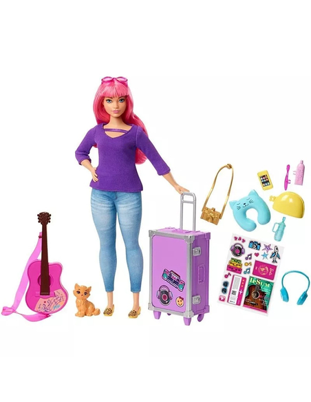 Barbie Daisy w podróży – lalka z kotkiem, walizką, gitarą i akcesoriami podróżnymi, 3+