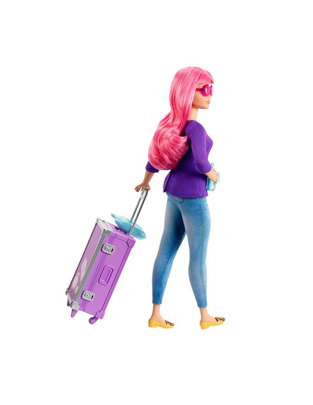 Barbie Daisy w podróży – lalka z kotkiem, walizką, gitarą i akcesoriami podróżnymi, 3+