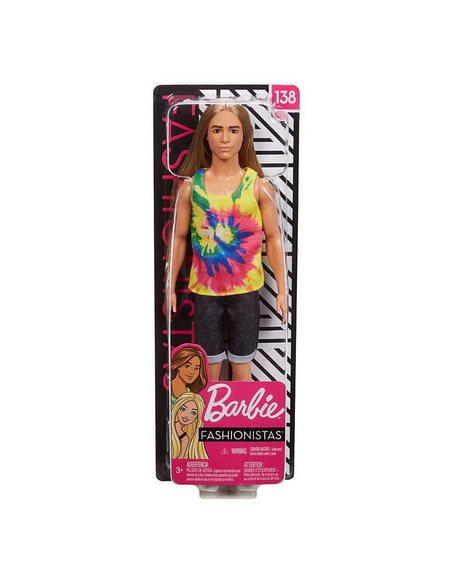 Barbie Fashionistas Ken Lalka nr 138 – długie blond włosy, kolorowy top i dżinsowe spodenki, 3+