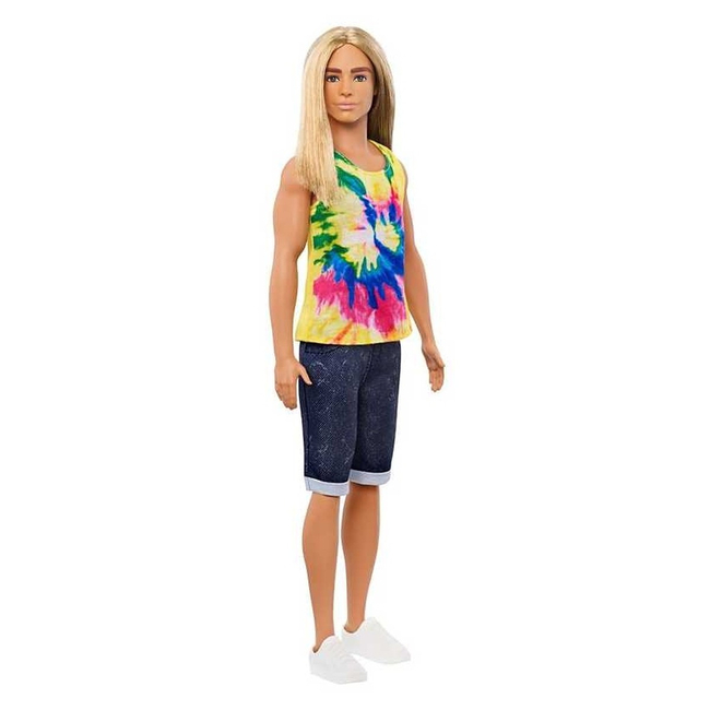Barbie Fashionistas Ken Lalka nr 138 – długie blond włosy, kolorowy top i dżinsowe spodenki, 3+