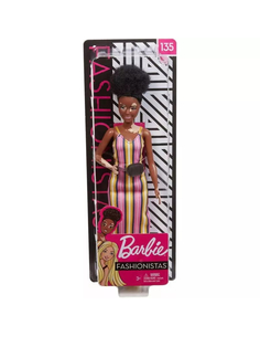 Barbie Fashionistas Lalka nr 135 – z afro, okularami i paskowaną sukienką, 3+