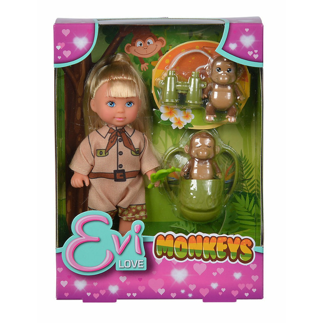Simba Evi Love Lalka Evi z małpkami – podróżniczka z lornetką, plecakiem i 2 małpkami, 12 cm, 3+
